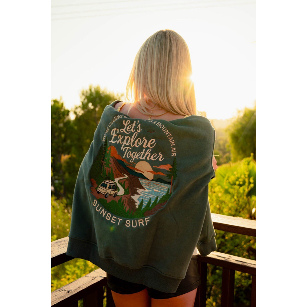 NWT Sunset Surf Coastal Explore Green Hoodie S Embroidered Graphic Fleece Lined - Picture 8 of 15